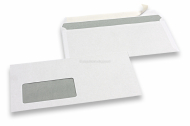 Enveloppes blanches standards, 110 x 220 mm, papier 80 gr, fenêtre à gauche 45 x 90 mm, position de la fenêtre à 20 mm du gauche et à 15 mm du bas, fermeture avec bande adhésive  | Paysdesenveloppes.fr