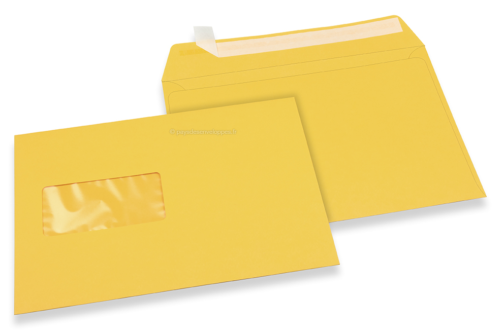 Enveloppes à fenêtre colorées - Jaune bouton d'or, 162 x 229 mm (A5), fenêtre à gauche, format de la fenêtre 45 x 90 mm, position de la fenêtre 20 mm à partir de la gauche / 60 mm bord en bas, fermeture par bande adhésive, papier de 120 grammes