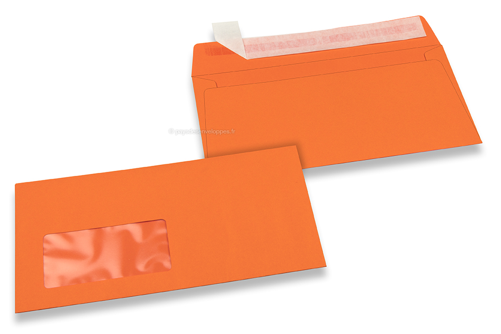 Enveloppes à fenêtre colorées - Orange, 110 x 220 mm (DL), fenêtre à gauche, format de la fenêtre 45 x 90 mm, position de la fenêtre 20 mm à partir de la gauche / 15 mm bord en bas, fermeture par bande adhésive, papier de 120 grammes