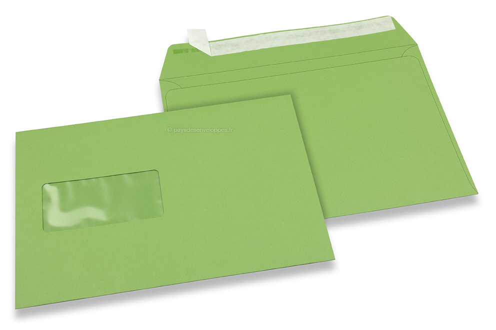 Enveloppes à fenêtre colorées - Vert pomme, 162 x 229 mm (A5), fenêtre à gauche, format de la fenêtre 45 x 90 mm, position de la fenêtre 20 mm à partir de la gauche / 60 mm bord en bas, fermeture par bande adhésive, papier de 120 grammes
