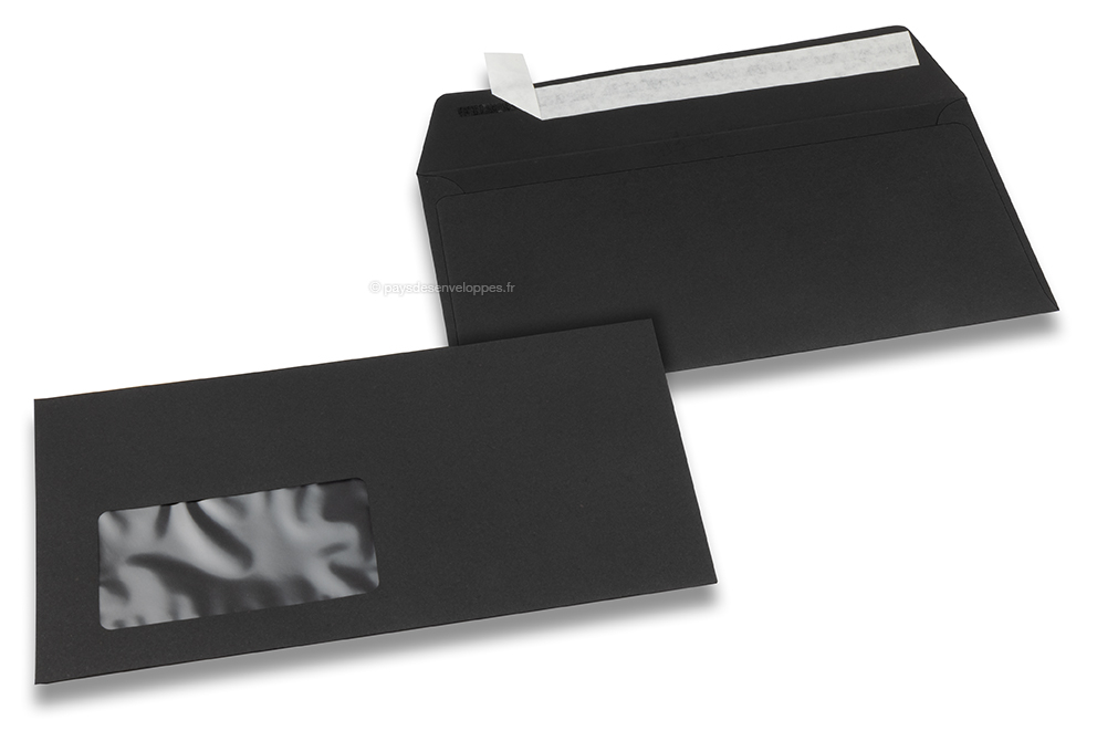 Enveloppes à fenêtre colorées - Noir, 110 x 220 mm (DL), fenêtre à gauche, format de la fenêtre 45 x 90 mm, position de la fenêtre 20 mm à partir de la gauche / 15 mm bord en bas, fermeture par bande adhésive, papier de 120 grammes