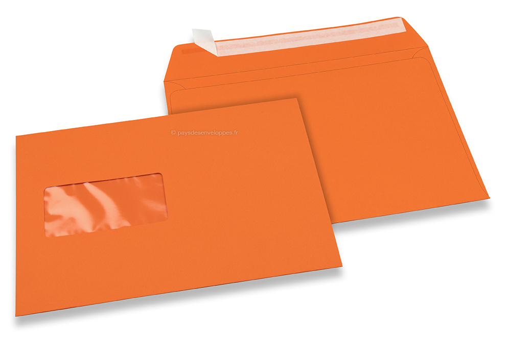 Enveloppes à fenêtre colorées - Orange, 162 x 229 mm (A5), fenêtre à gauche, format de la fenêtre 45 x 90 mm, position de la fenêtre 20 mm à partir de la gauche / 60 mm bord en bas, fermeture par bande adhésive, papier de 120 grammes