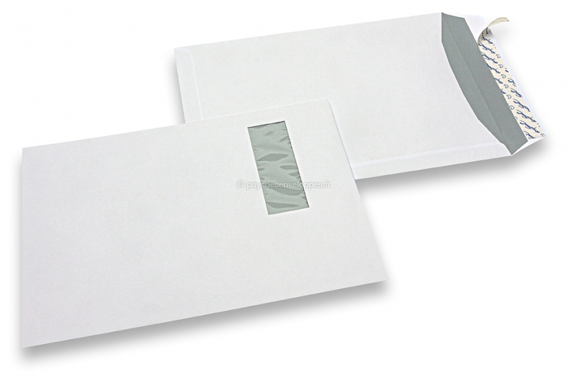 Enveloppes à fenêtre, blanche, 220 x 312 mm (EA4), fenêtre à gauche 40 x 110, position de la fenêtre à 20 mm du gauche et à 50 mm du haut, bande adhésive, 120 grammes