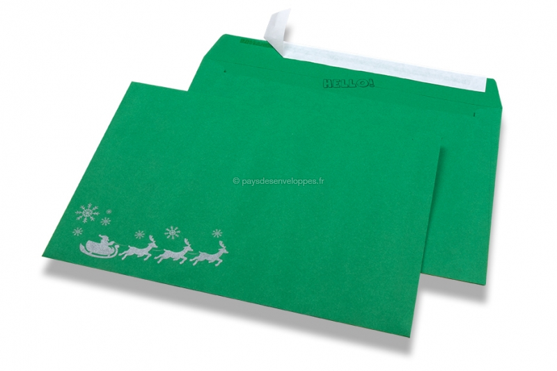 Enveloppes colorées pour Noël - Vert, avec traîneau