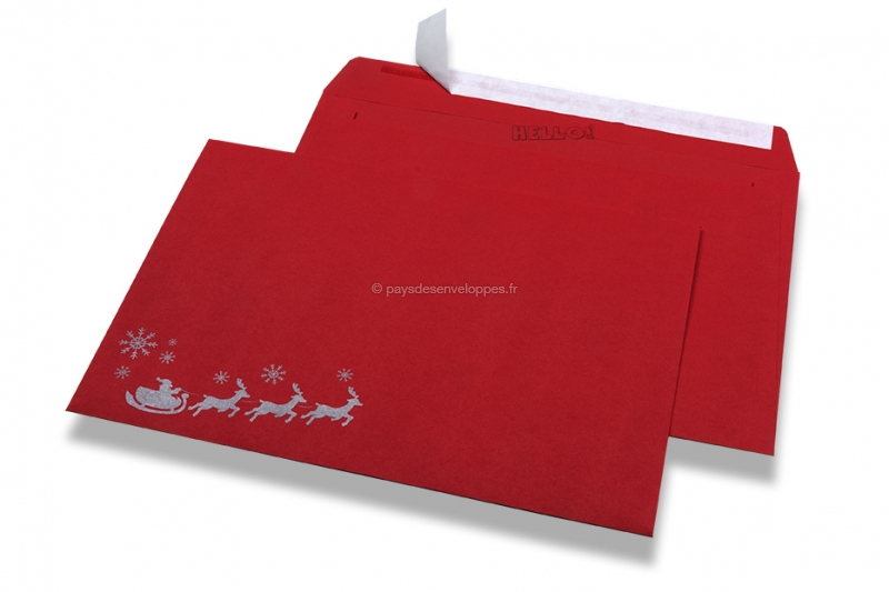 Enveloppes colorées pour Noël - Rouge, avec traîneau