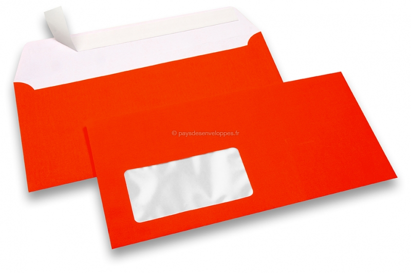 Enveloppes fluo - rouge, avec fenêtre 45 x 90 mm, position de la fenêtre à 20 mm du gauche et à 15 mm du bas