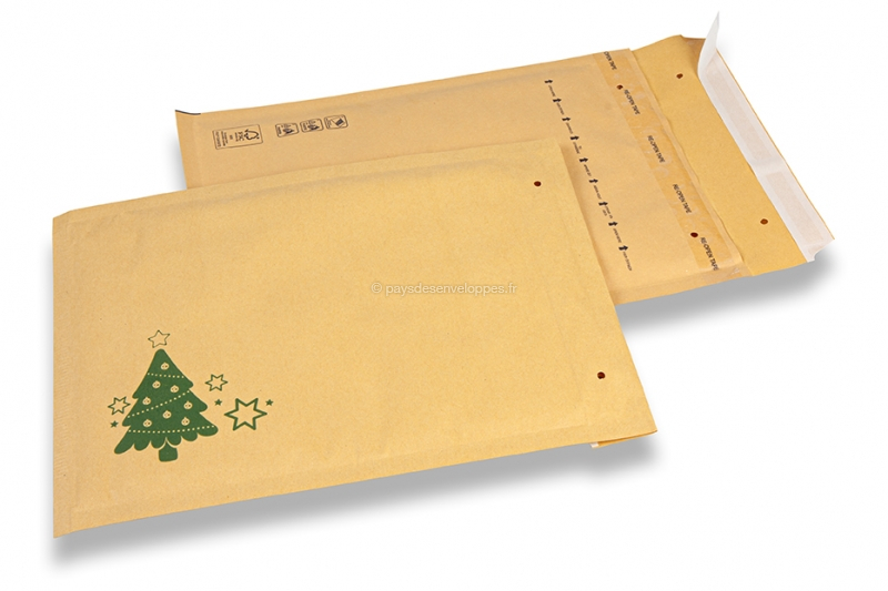 Petit sac papier kraft brun motif sapin de noël vert, petit sac brun