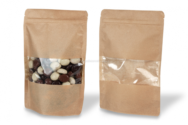 Sachets kraft à fermeture zip avec fenêtre - brun, 180 x 290 x 90 mm, 1000 ml