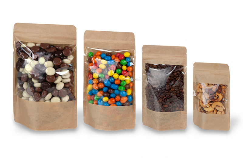 Sachets kraft à fermeture zip avec fenêtre extra large