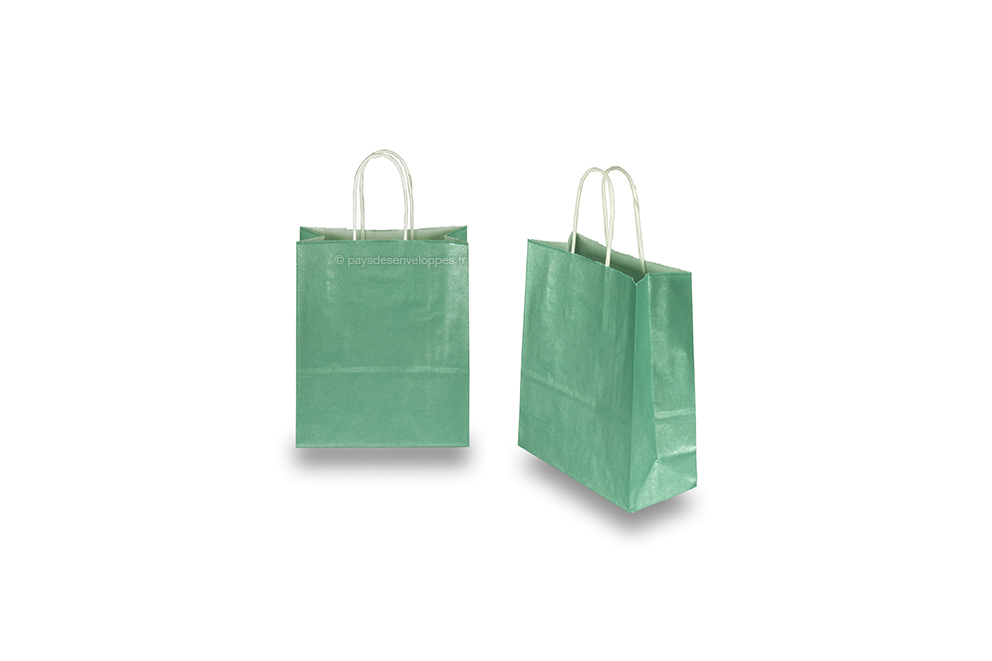 Sacs papier kraft avec anses rondes - vert métallisé, 180 x 80 x 220 mm, 90 gr