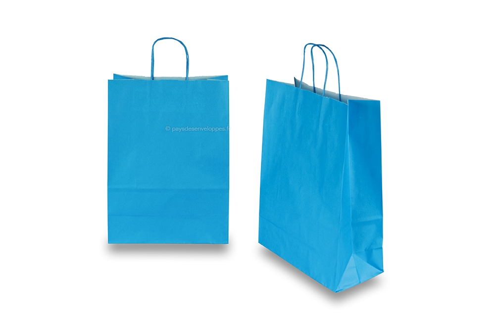 Sacs papier kraft avec anses rondes - bleu, 260 x 120 x 350 mm, 90 gr