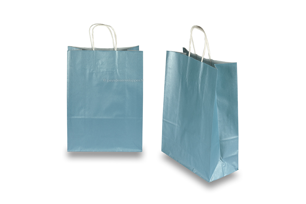 Sacs papier kraft avec anses rondes - bleu métallisé, 260 x 120 x 350 mm, 90 gr