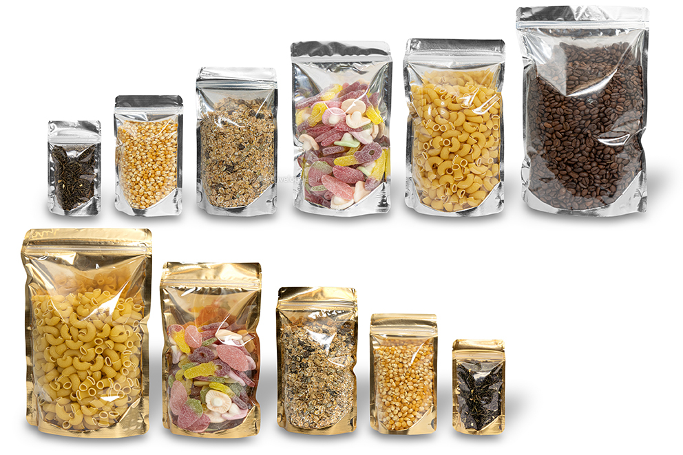 Sachets stand-up métalliques transparents - 	or métallisé et argent métallisé